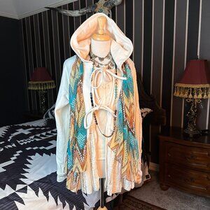 Free People Candy Lace Trim Hoodie Sweatshirt Cardigan Ivory Sz Med